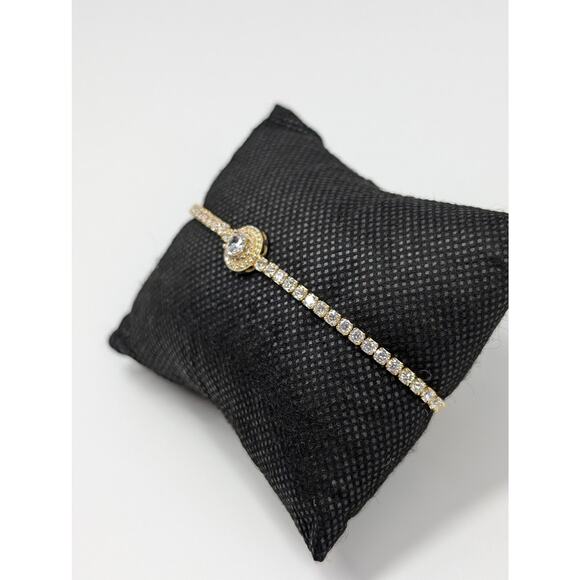 Lariat Bracelet 925 CZ Clear Rhinestones Gold Tone Bolo Tennis Style Minimalist - Picture 9 of 12